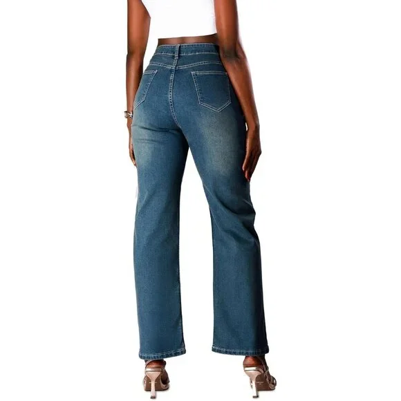 High-Waist Wide-Leg Jeans Premium Denim Straight Fit Petite Plus Sizes - Picture 2 of 8